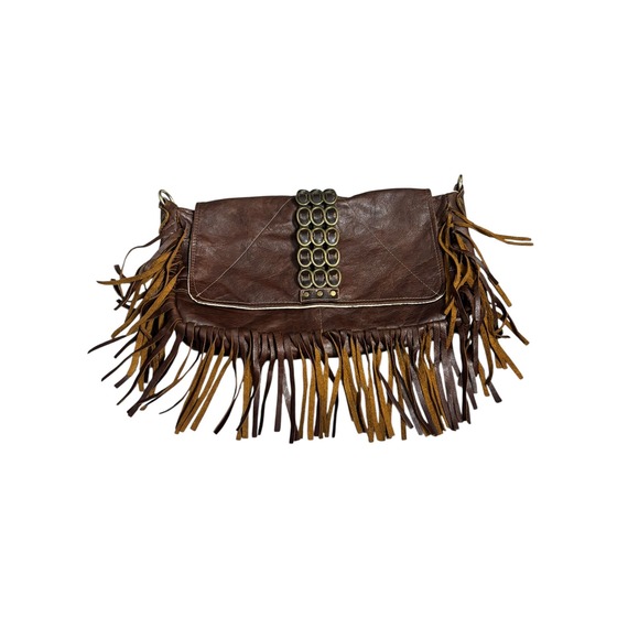 Handbags - Boho Brown Leather Fringe Clutch Bag Brass Ring Detail Western Festival Bag